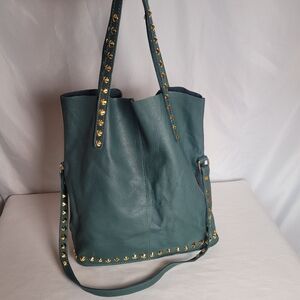 Italian Leather Green Slouchy Shoulder Handbag Gold Tone Studded EUC